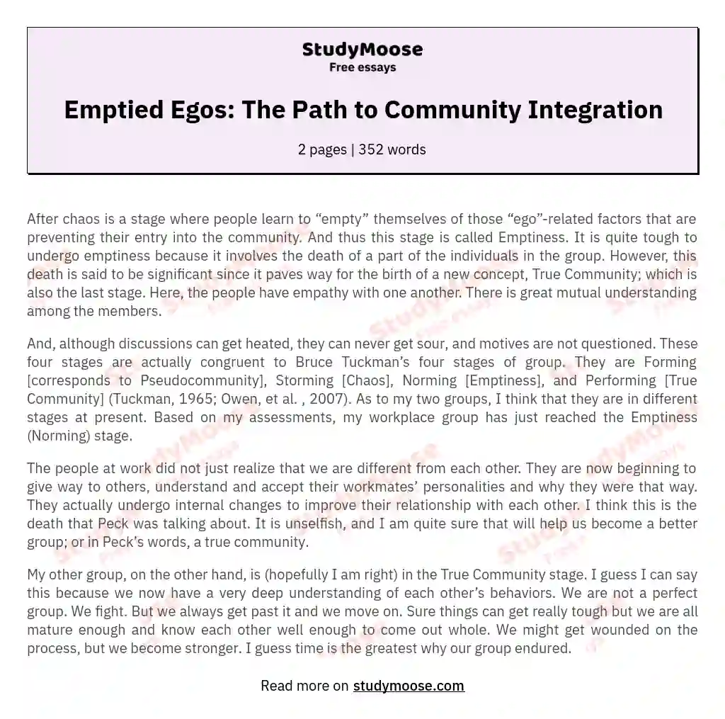 Emptied Egos: The Path to Community Integration essay