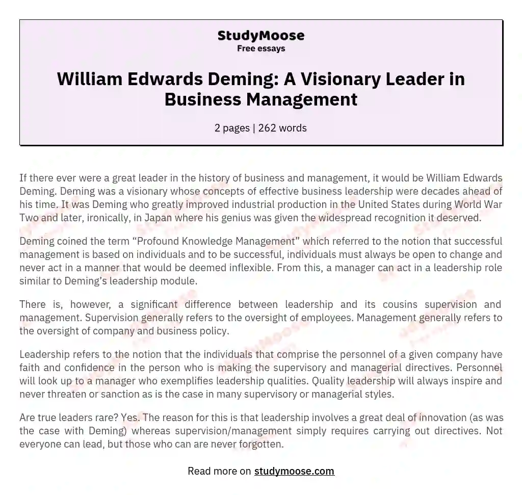 William Edwards Deming: A Visionary Leader in Business Management essay