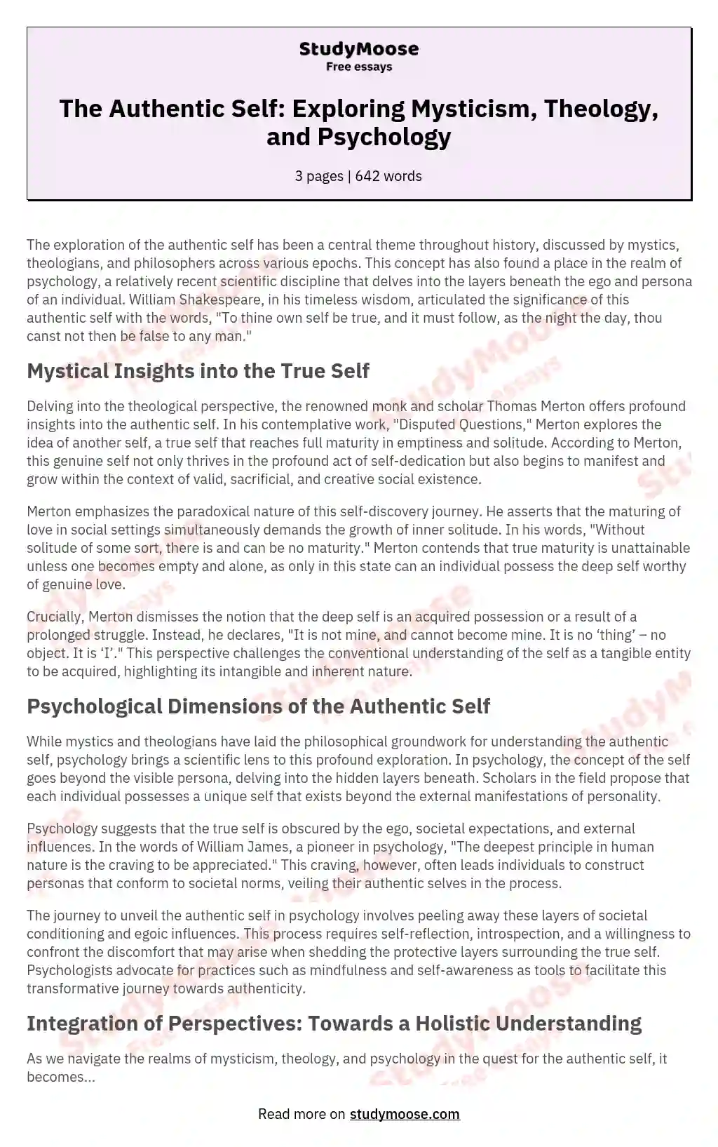 The Authentic Self: Exploring Mysticism, Theology, and Psychology essay