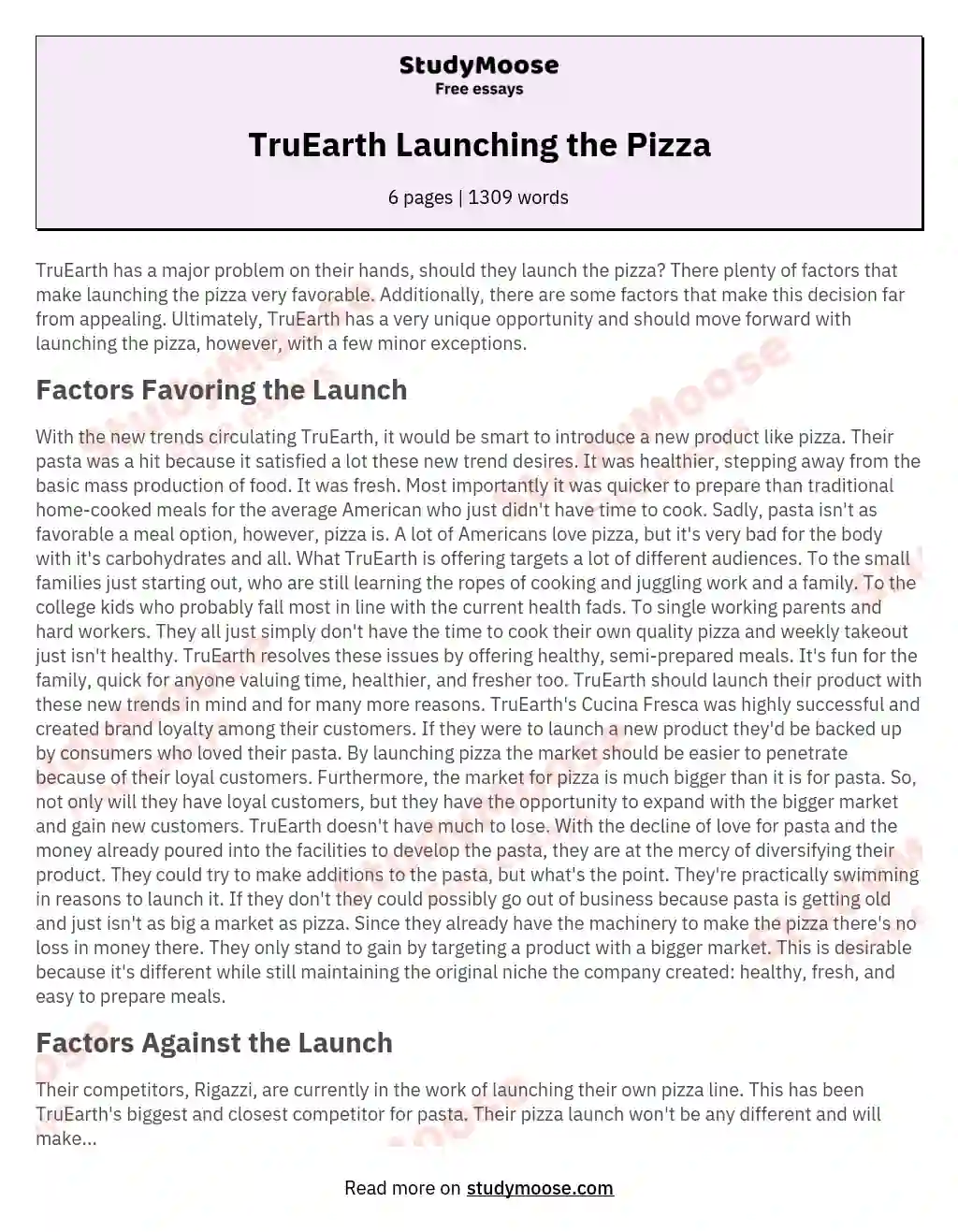 TruEarth Launching the Pizza essay