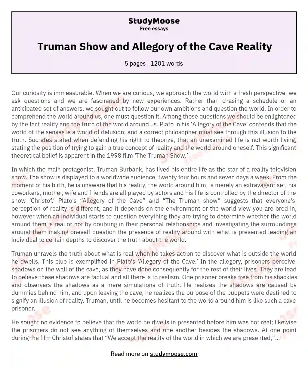 Truman Show and Allegory of the Cave Reality essay