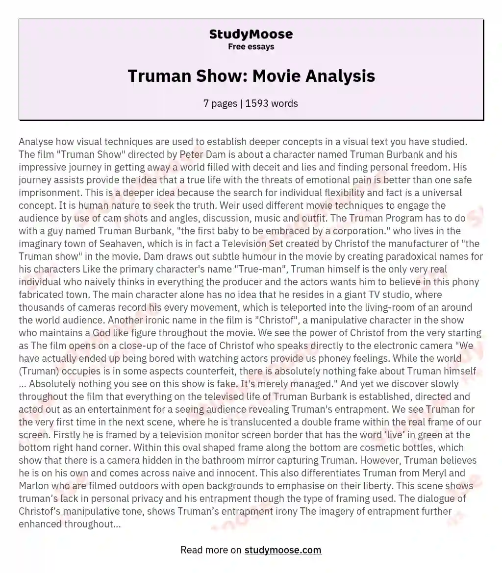 Truman Show: Movie Analysis essay