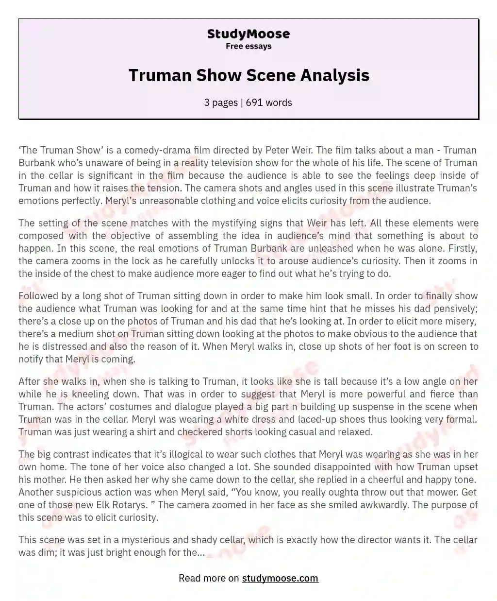 Truman Show Scene Analysis essay