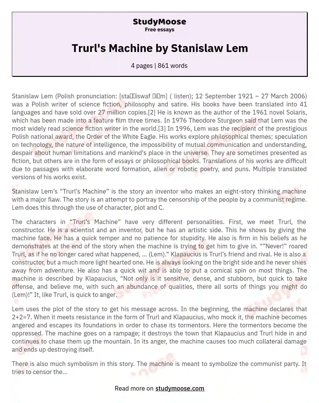 Trurl's Machine by Stanislaw Lem essay