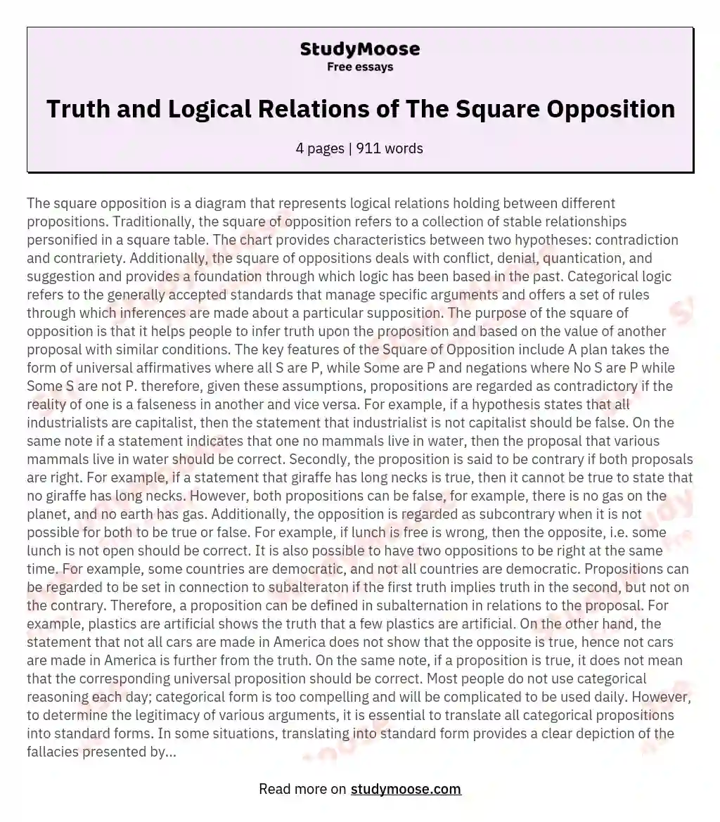 Truth and Logical Relations of The Square Opposition essay