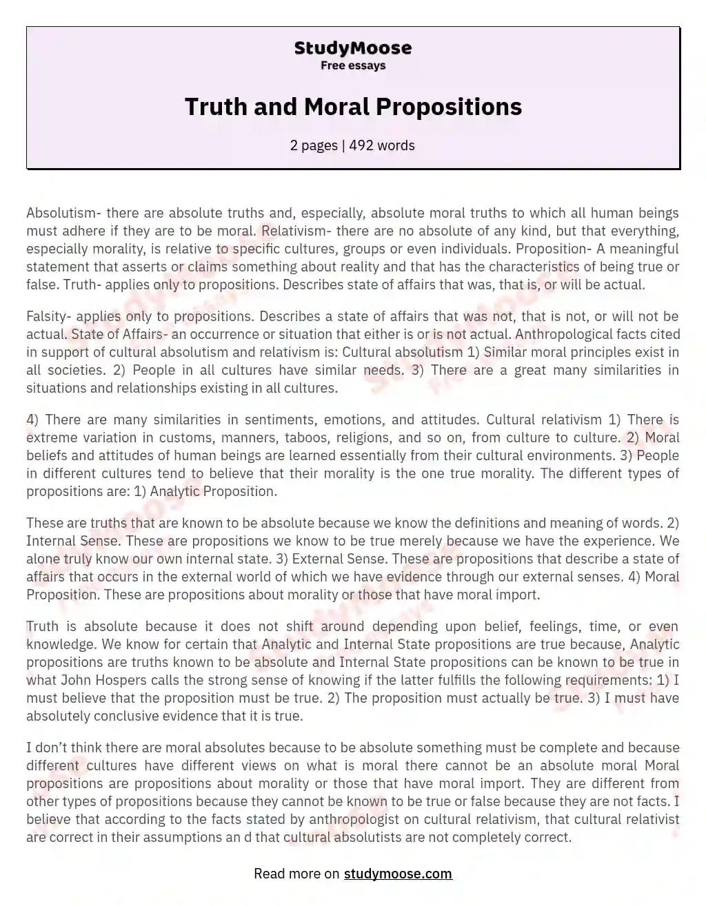 Truth and Moral Propositions essay
