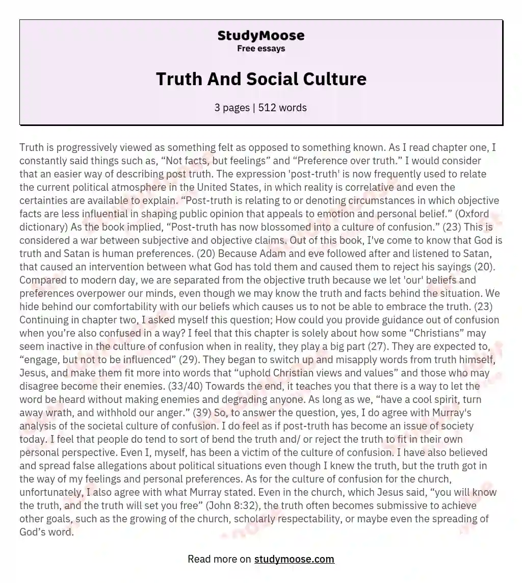 Truth And Social Culture essay