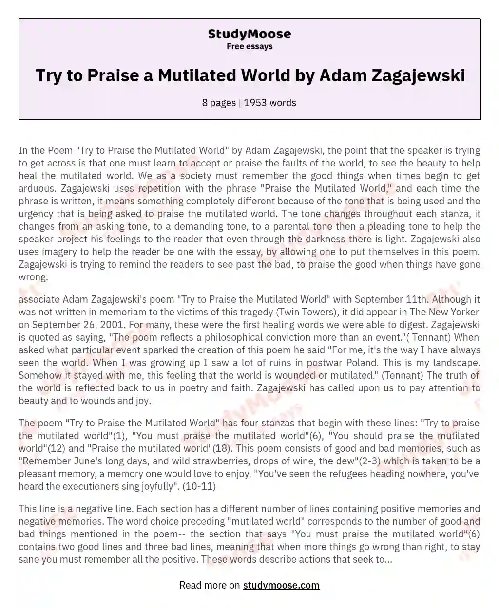 Try to Praise a Mutilated World by Adam Zagajewski essay