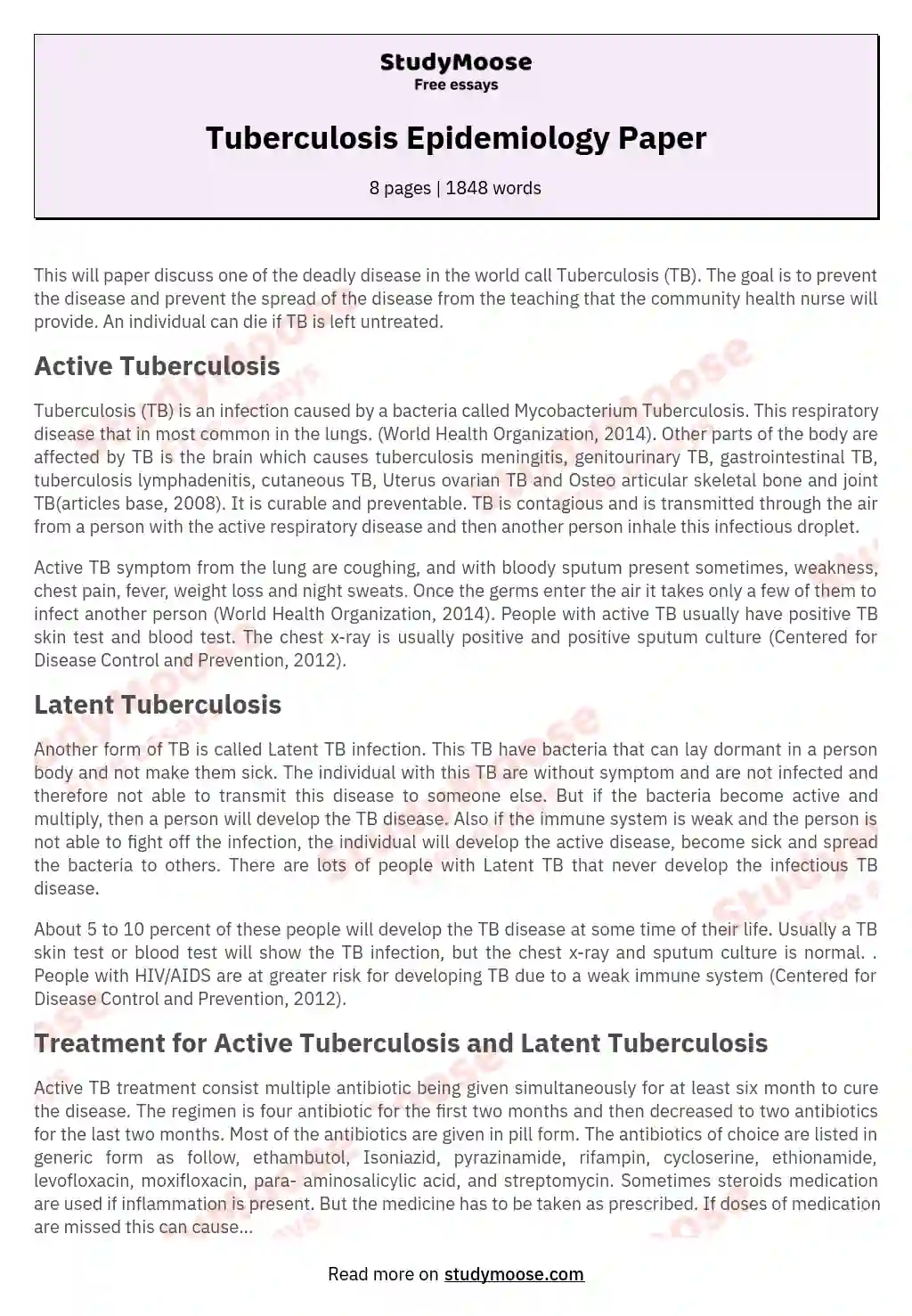 Tuberculosis Epidemiology Paper essay
