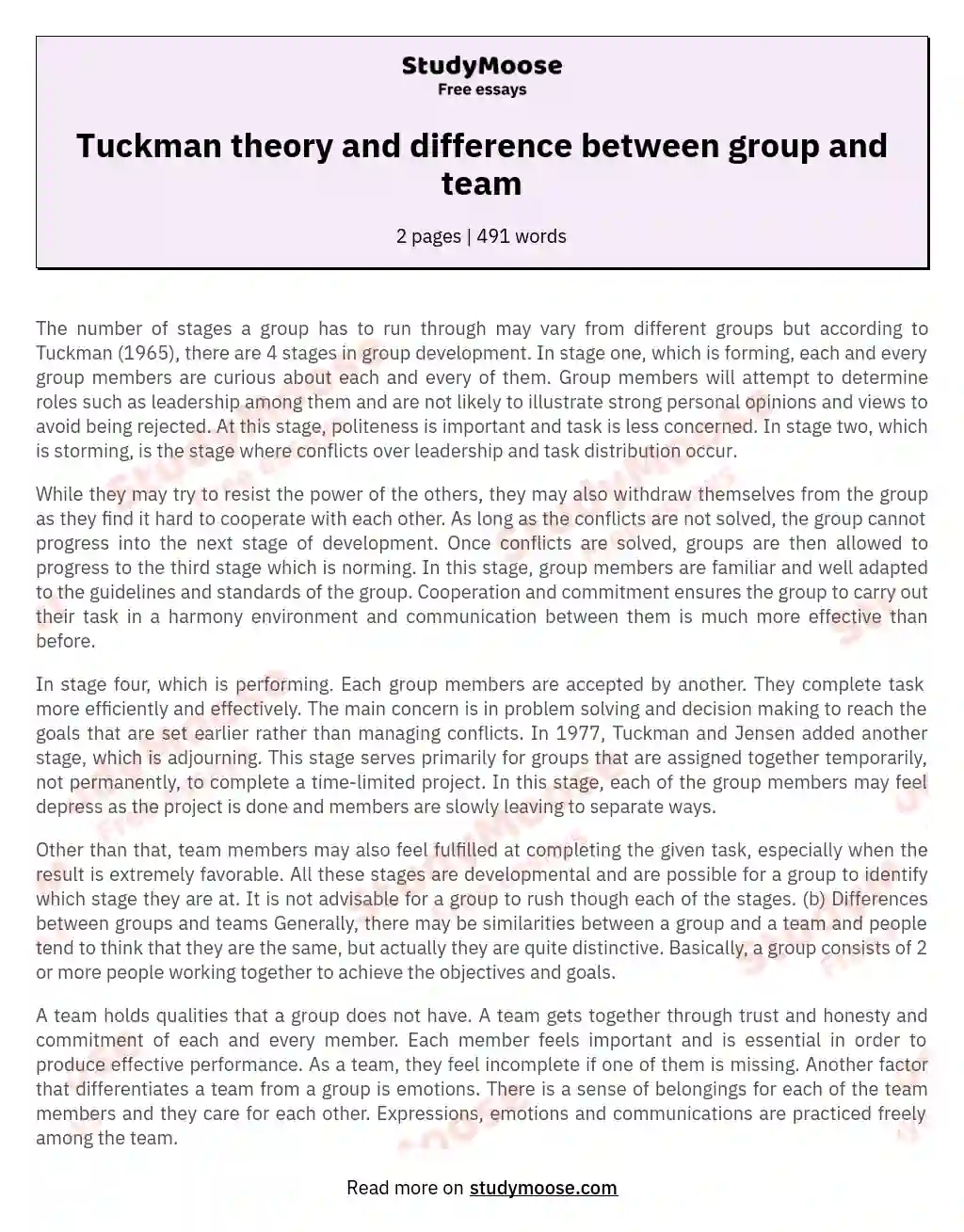 Tuckman theory and difference between group and team essay