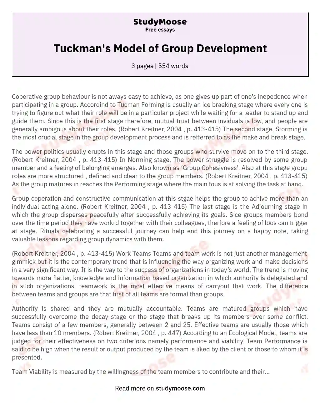 Tuckman's Model of Group Development essay