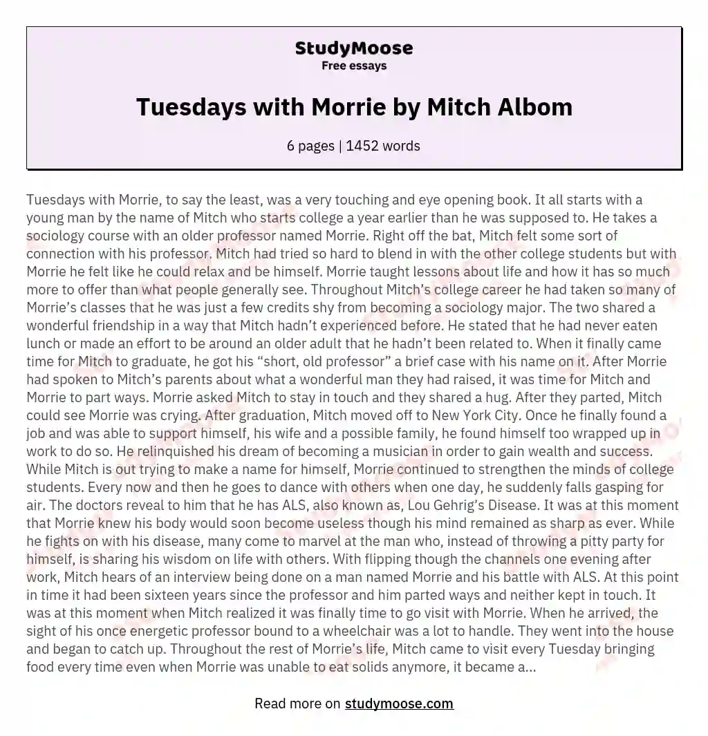 Tuesdays with Morrie by Mitch Albom essay