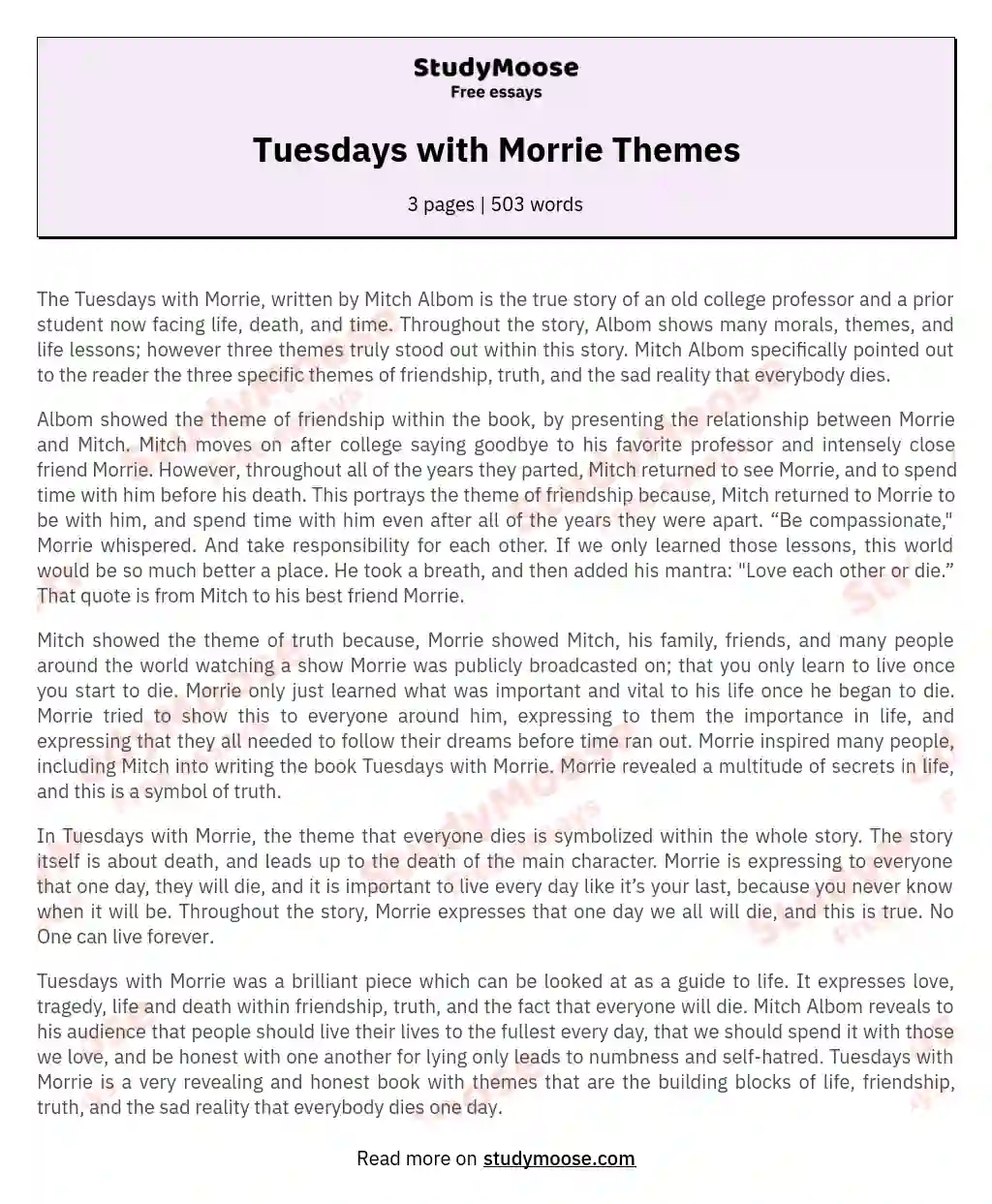 Tuesdays with Morrie: A Profound Exploration of Life's Lessons essay