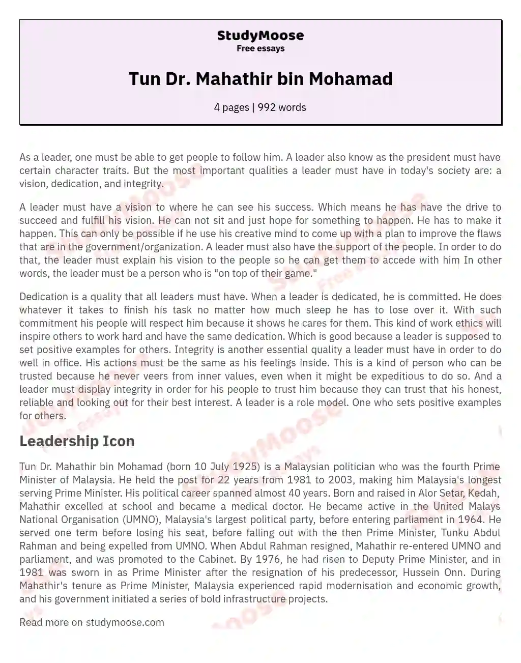 Tun Dr. Mahathir bin Mohamad essay