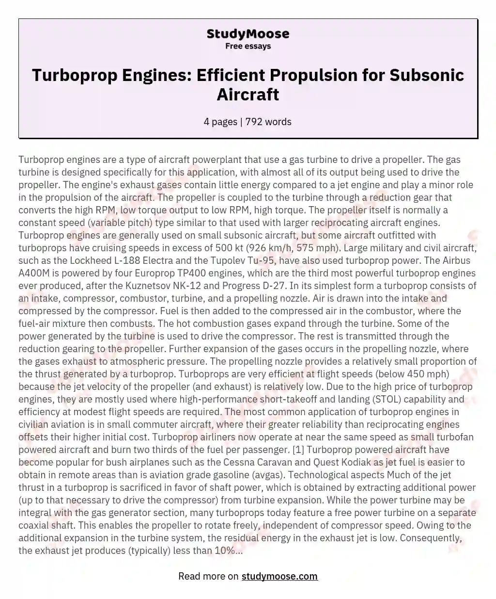 Turboprop Engines: Efficient Propulsion for Subsonic Aircraft essay
