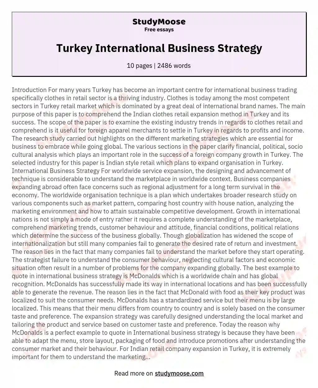 Turkey International Business Strategy essay