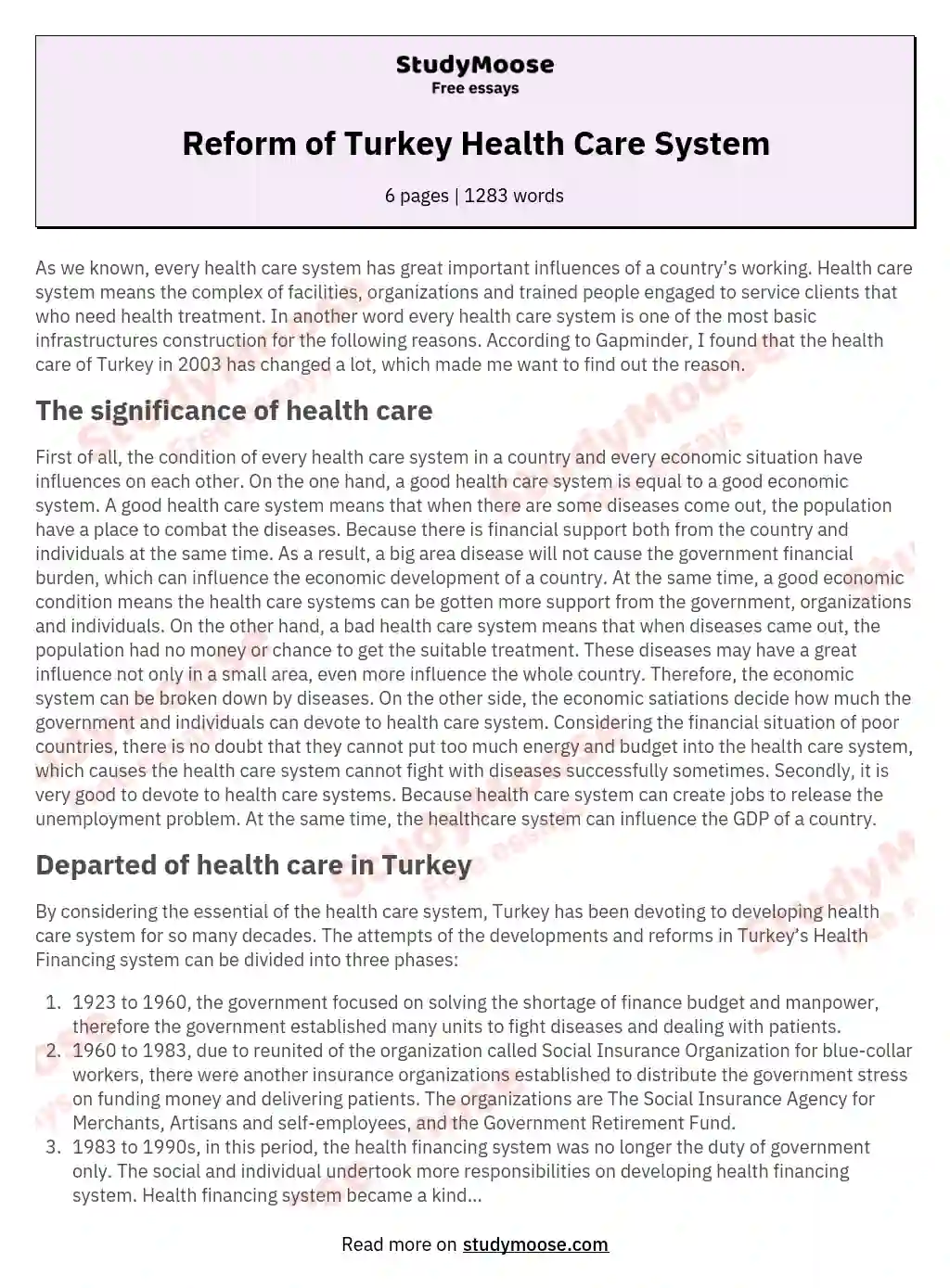 Reform of Turkey Health Care System essay
