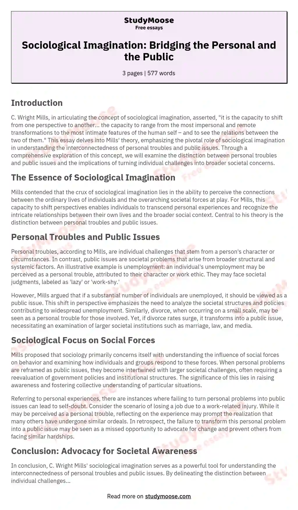 Sociological Imagination: Bridging the Personal and the Public essay