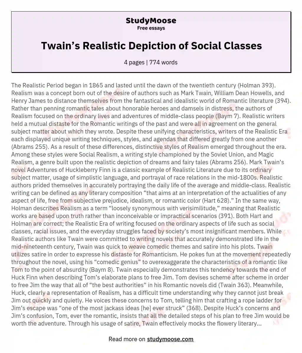 Twain’s Realistic Depiction of Social Classes essay