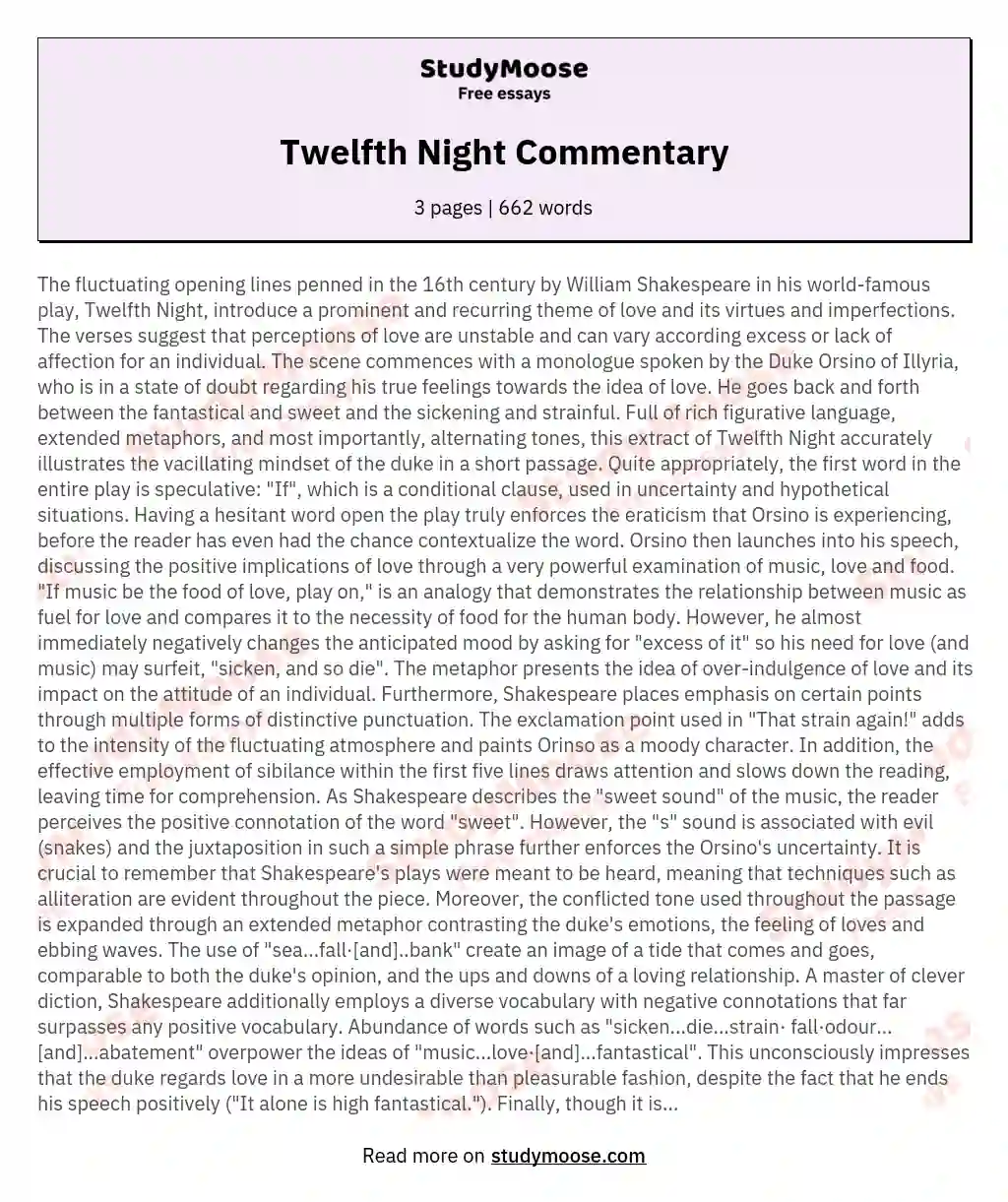 Twelfth Night Commentary essay