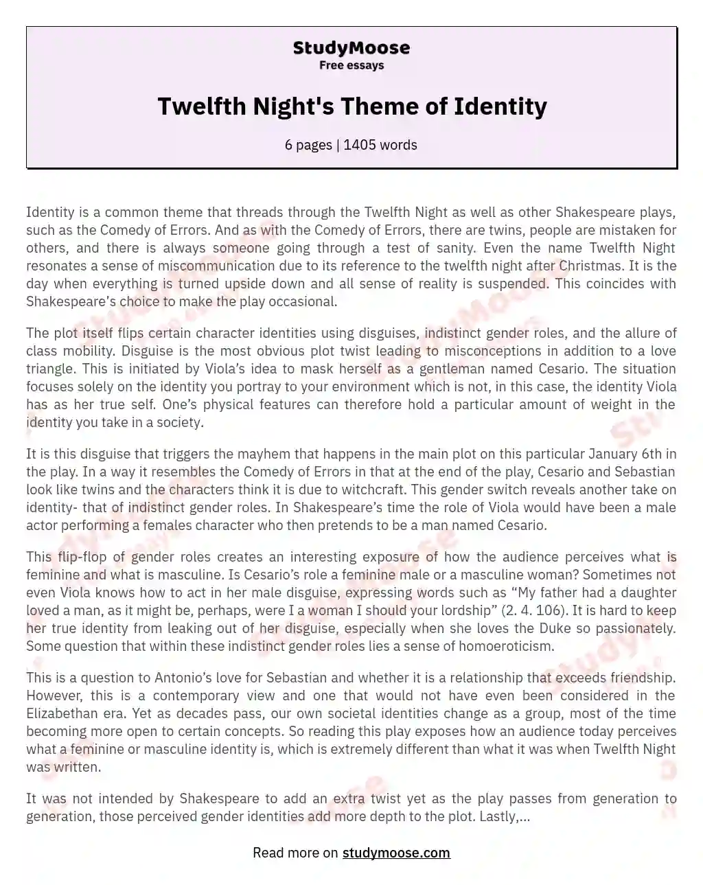 Twelfth Night's Theme of Identity essay