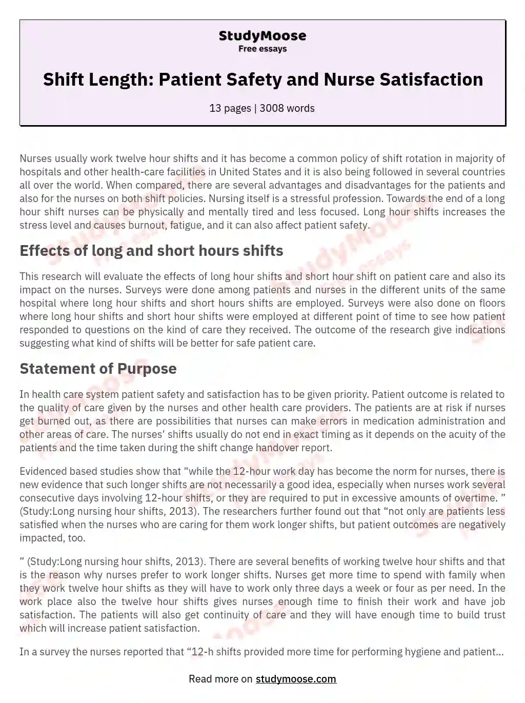 Shift Length: Patient Safety and Nurse Satisfaction essay