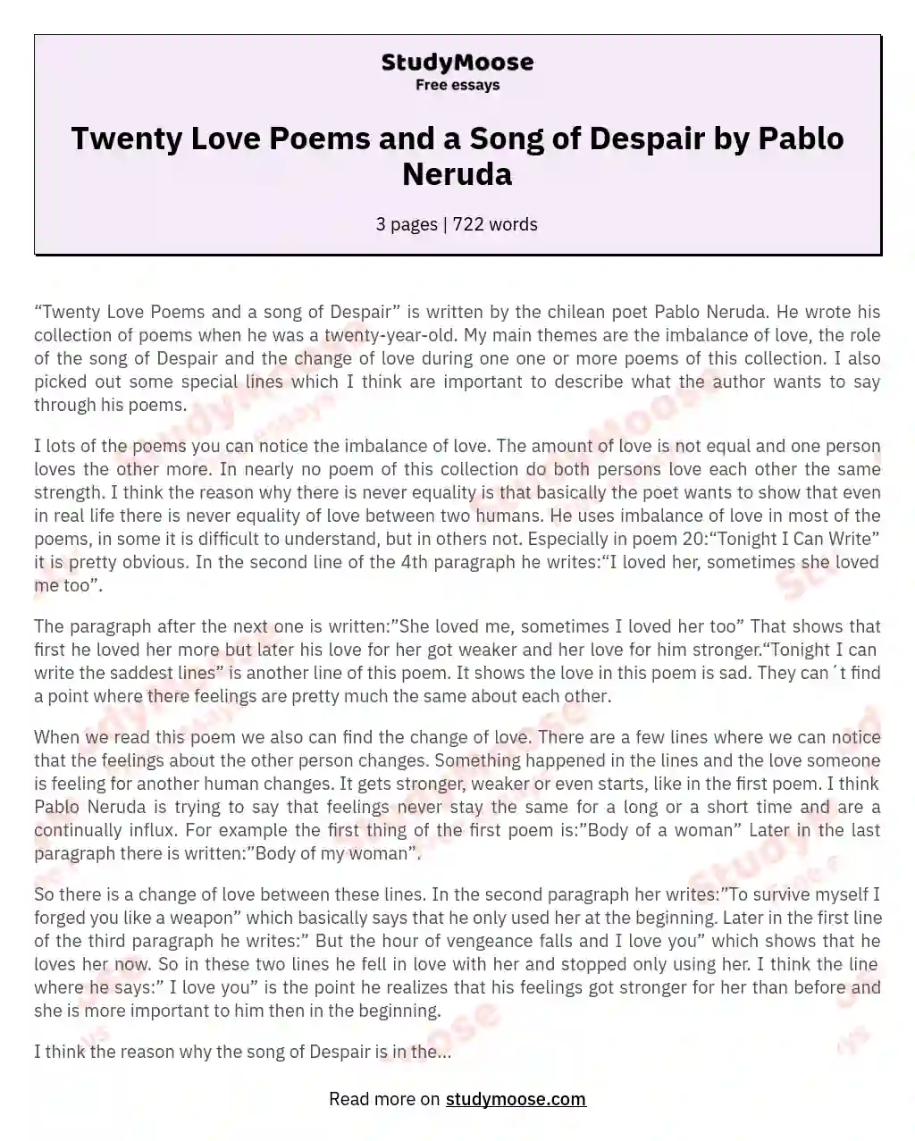 Twenty Love Poems and a Song of Despair by Pablo Neruda essay