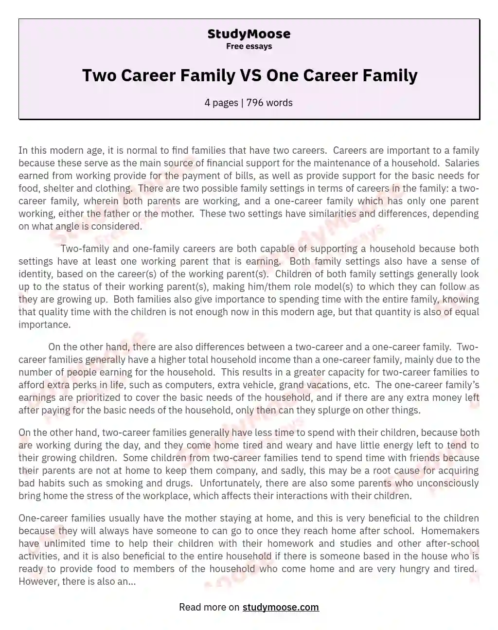 Two Career Family VS One Career Family