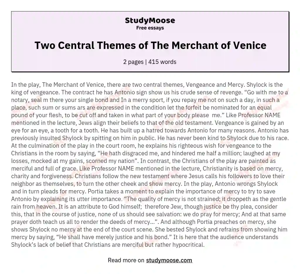 Two Central Themes of The Merchant of Venice