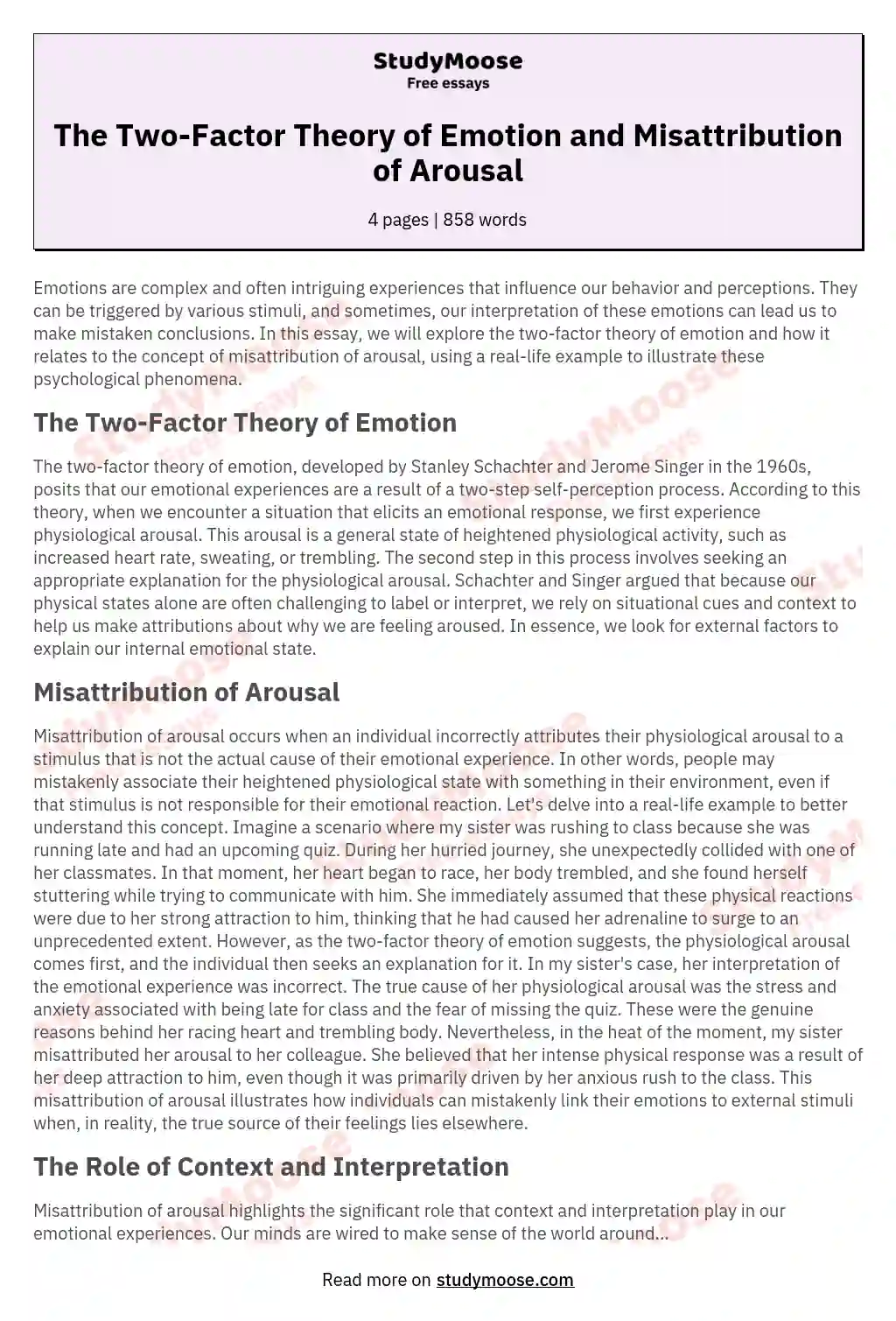 The Two-Factor Theory of Emotion and Misattribution of Arousal essay