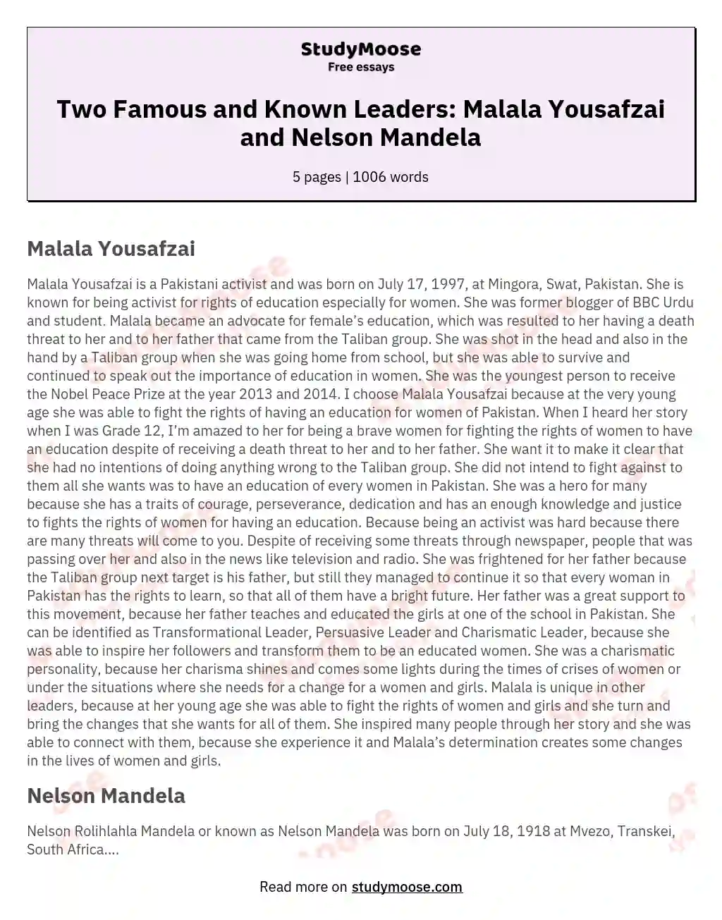 Two Famous and Known Leaders: Malala Yousafzai and Nelson Mandela essay