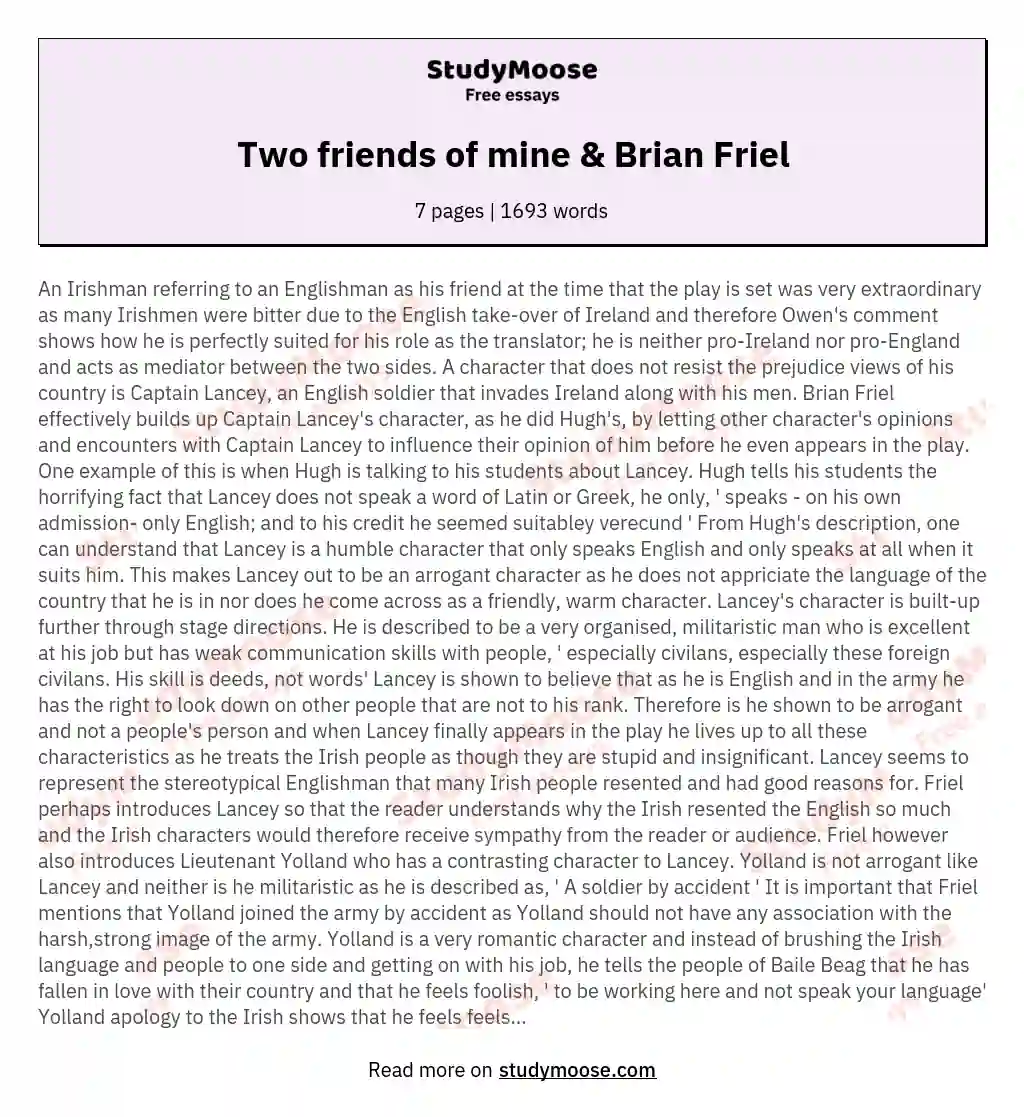 Two friends of mine &amp; Brian Friel essay
