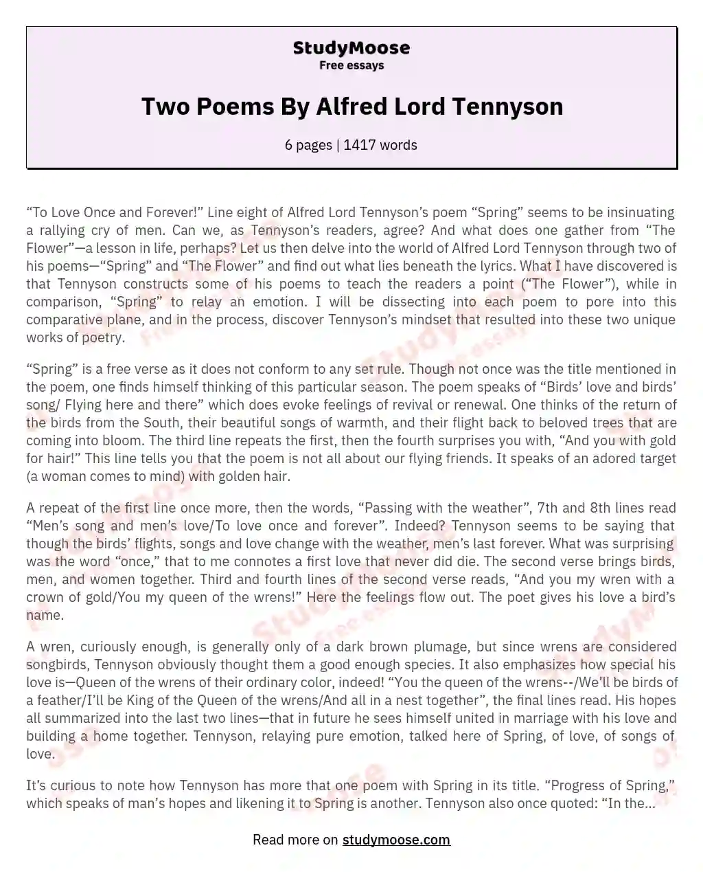 Two Poems By Alfred Lord Tennyson essay
