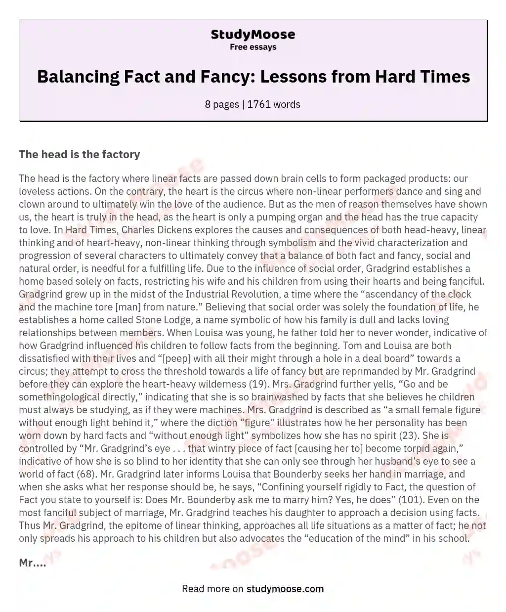 Balancing Fact and Fancy: Lessons from Hard Times essay