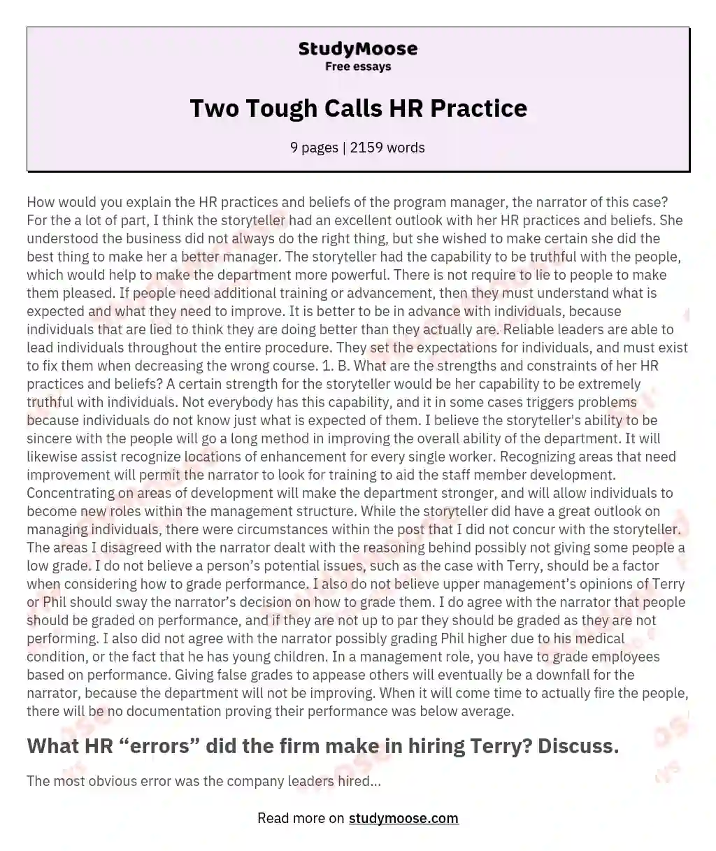 Two Tough Calls HR Practice essay