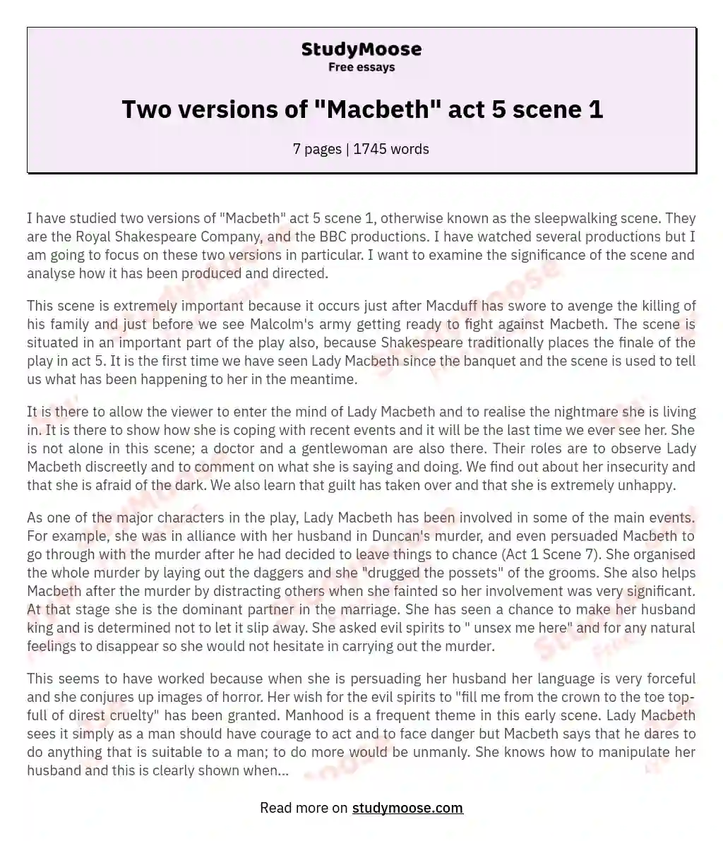 Two versions of "Macbeth" act 5 scene 1 essay
