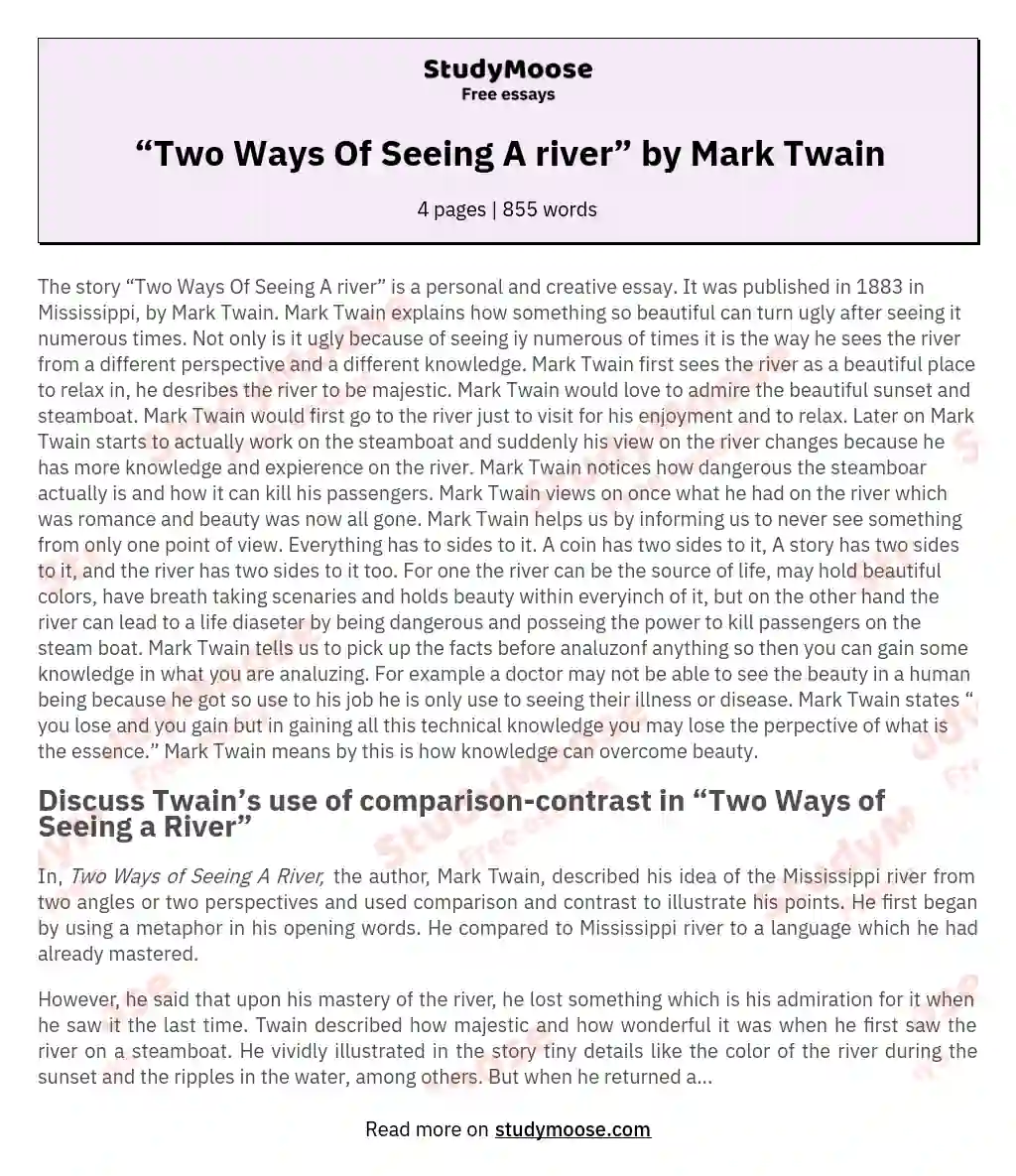 “Two Ways Of Seeing A river” by Mark Twain essay