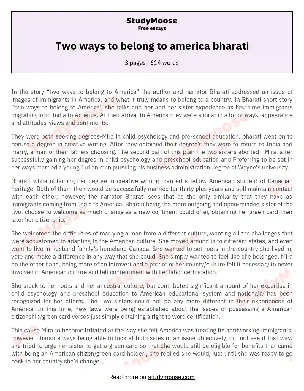 Two ways to belong to america bharati essay