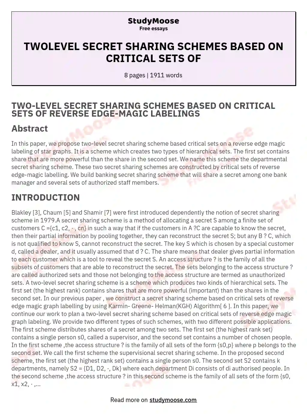 TWOLEVEL SECRET SHARING SCHEMES BASED ON CRITICAL SETS OF Free Essay