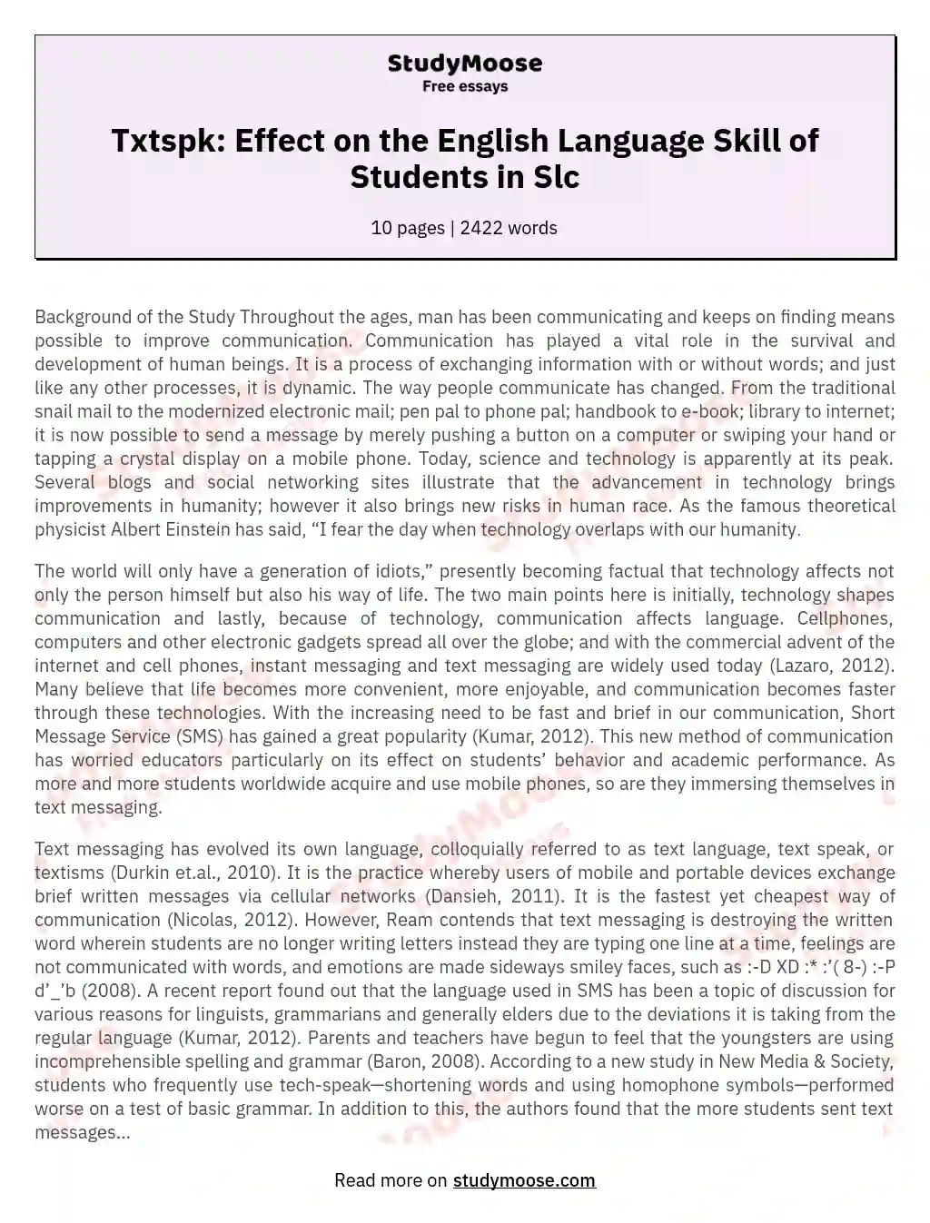 Txtspk: Effect on the English Language Skill of Students in Slc