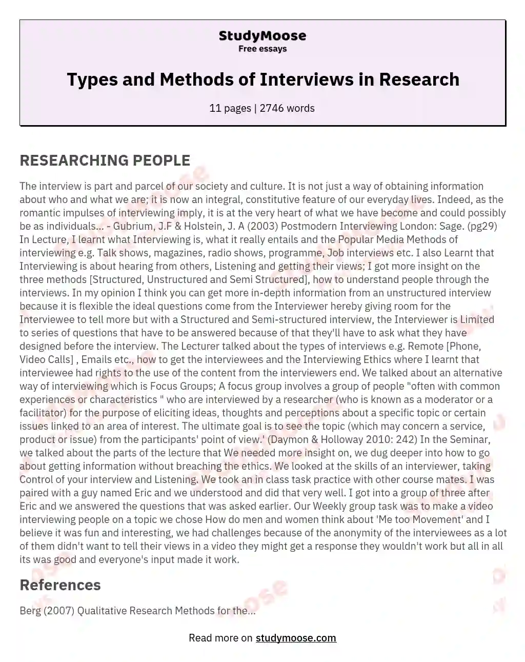 Types and Methods of Interviews in Research essay