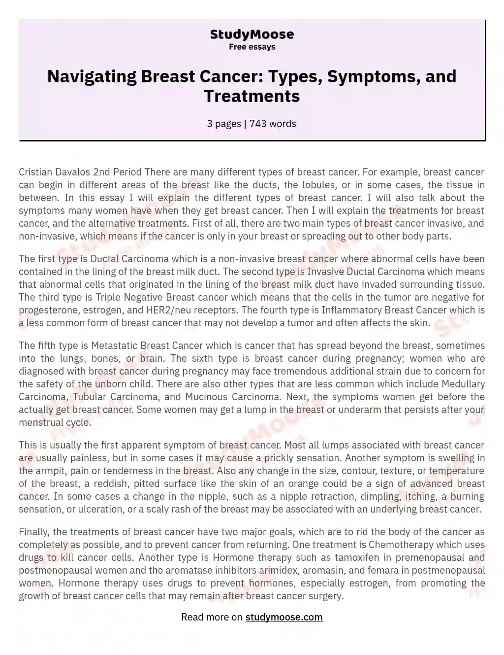 Navigating Breast Cancer: Types, Symptoms, and Treatments essay