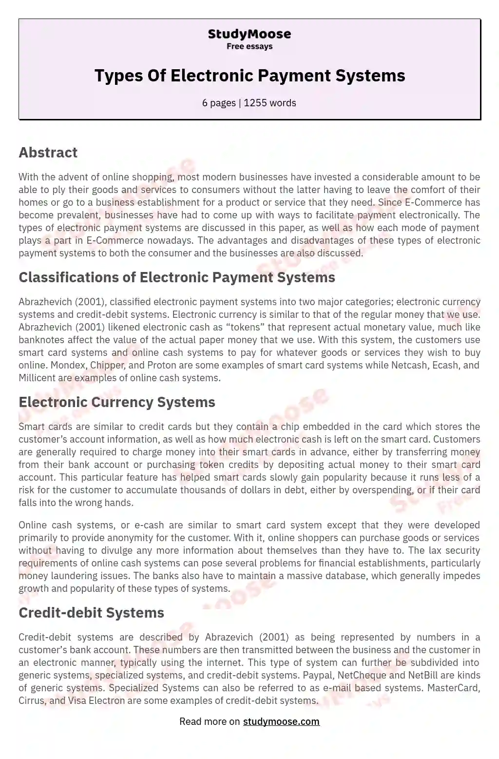Types Of Electronic Payment Systems essay