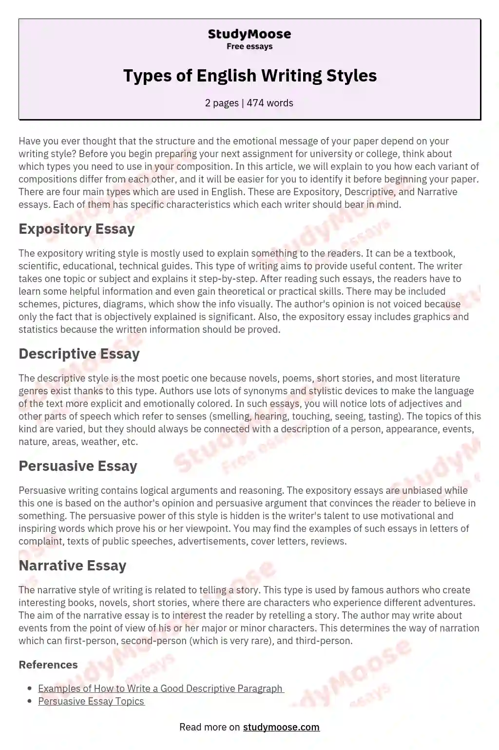  Types Of English Writing Styles Free Essay Example