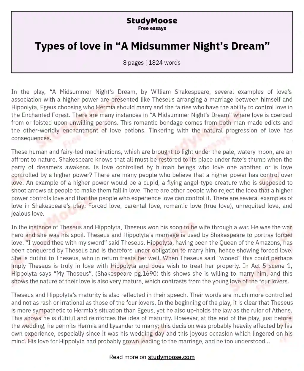 Types of love in “A Midsummer Night’s Dream” essay