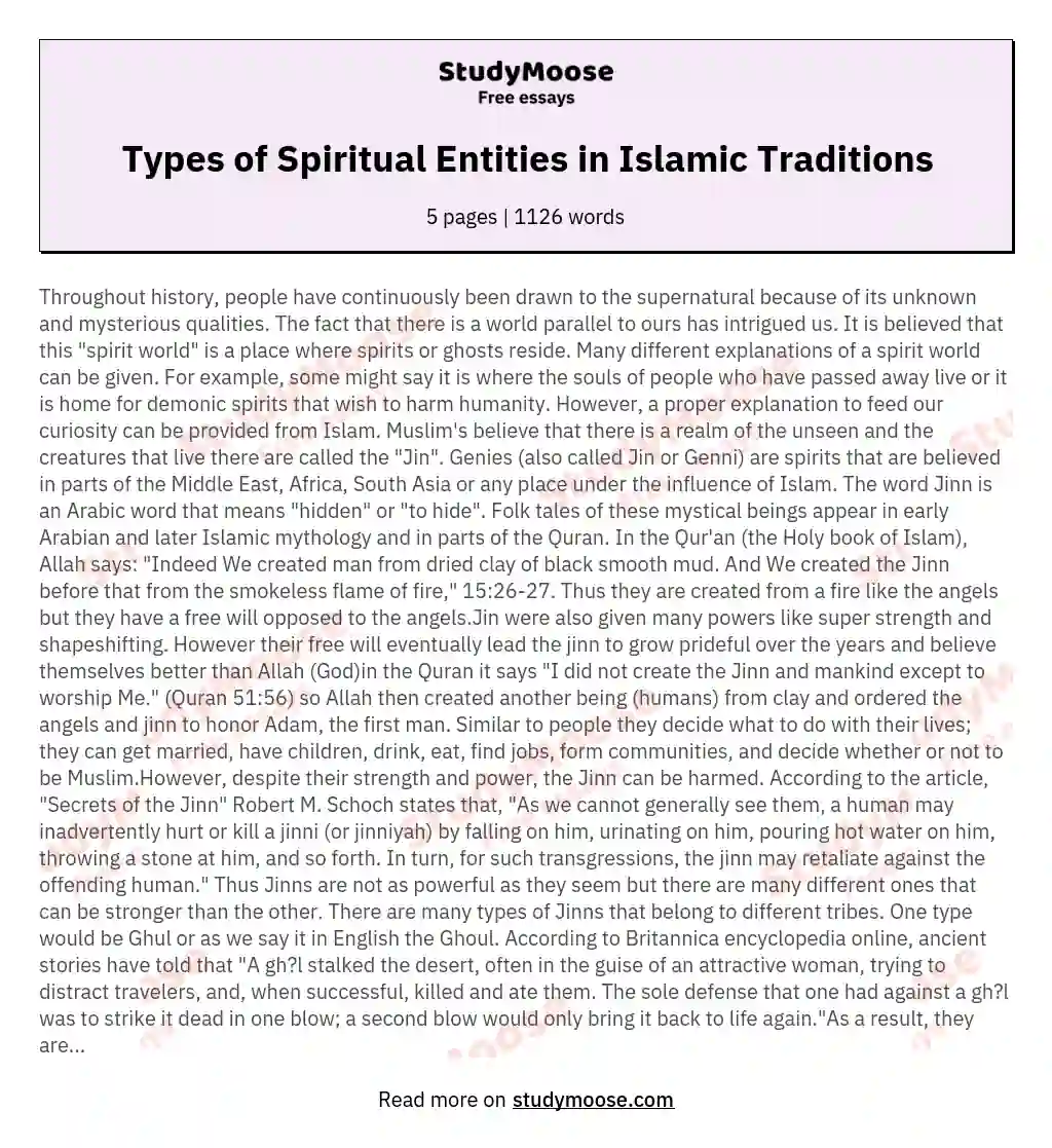 Types of Spiritual Entities in Islamic Traditions essay