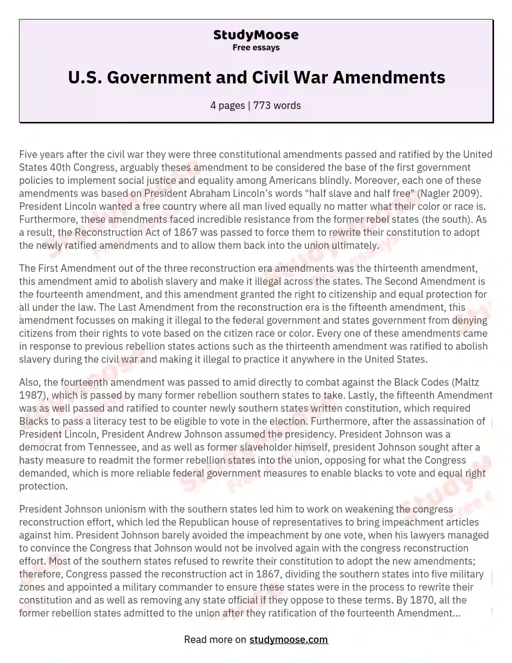 U.S. Government and Civil War Amendments essay
