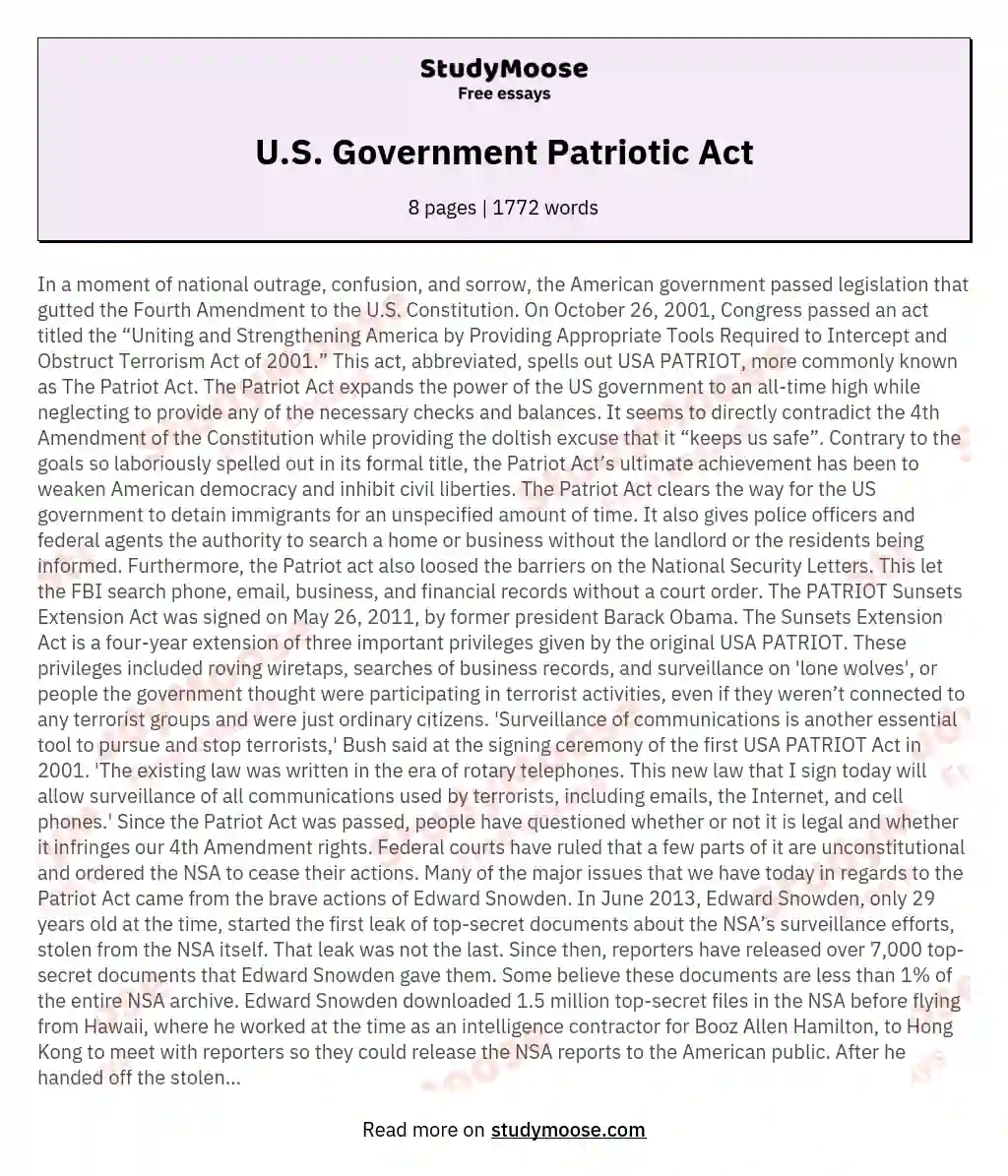 U.S. Government Patriotic Act essay