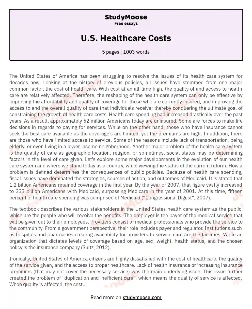 U.S. Healthcare Costs essay