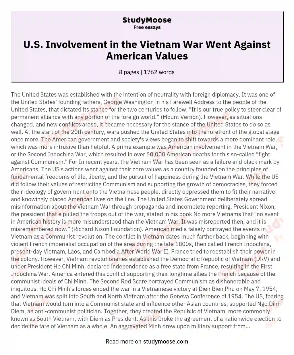 U.S. Involvement in the Vietnam War Went Against American Values essay
